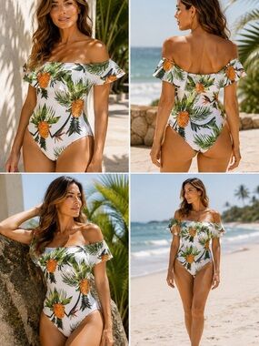 Off-Shoulder Pineapple Print One-Piece Swimsuit - White/Green. removable pars
